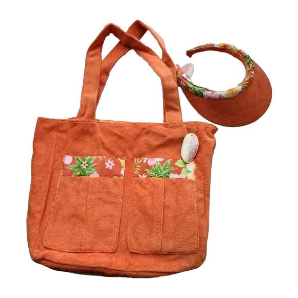 Y2K Beach Bag Visor Set Terry TROPICAL Tote Orange Hawaiian Print Bag Coastal - Picture 1 of 12